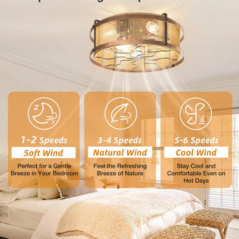 20 Inch Boho Bladeless Ceiling Fan with Light Remote, Woven Caged Flush Mount Reversible 6 Speed Bohemian Fandelier for Bedroom Living Room Kitchen - 6