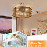 20 Inch Boho Bladeless Ceiling Fan with Light Remote, Woven Caged Flush Mount Reversible 6 Speed Bohemian Fandelier for Bedroom Living Room Kitchen - 3