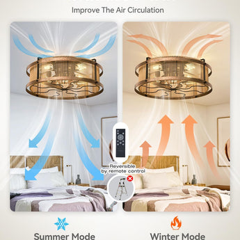 20 Inch Boho Bladeless Ceiling Fan with Light Remote, Woven Caged Flush Mount Reversible 6 Speed Bohemian Fandelier for Bedroom Living Room Kitchen - 1
