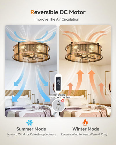20 Inch Boho Bladeless Ceiling Fan with Light Remote, Woven Caged Flush Mount Reversible 6 Speed Bohemian Fandelier for Bedroom Living Room Kitchen - 1