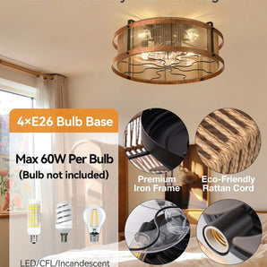 20 Inch Boho Bladeless Ceiling Fan with Light Remote, Woven Caged Flush Mount Reversible 6 Speed Bohemian Fandelier for Bedroom Living Room Kitchen - 2