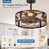 20 Inch Farmhouse Caged Ceiling Fans with Lights and Remote, Black Downrod Mount Bladeless Fandelier, 6 Speeds Bladeless Ceiling Fan Light for Bedroom, Kitchen, Living Room, Indoor - 8