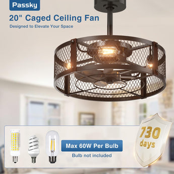20 Inch Farmhouse Caged Ceiling Fans with Lights and Remote, Black Downrod Mount Bladeless Fandelier, 6 Speeds Bladeless Ceiling Fan Light for Bedroom, Kitchen, Living Room, Indoor - 8