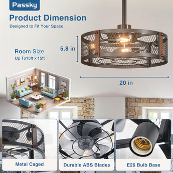 20 Inch Farmhouse Caged Ceiling Fans with Lights and Remote, Black Downrod Mount Bladeless Fandelier, 6 Speeds Bladeless Ceiling Fan Light for Bedroom, Kitchen, Living Room, Indoor - 4
