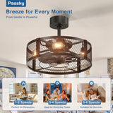 20 Inch Farmhouse Caged Ceiling Fans with Lights and Remote, Black Downrod Mount Bladeless Fandelier, 6 Speeds Bladeless Ceiling Fan Light for Bedroom, Kitchen, Living Room, Indoor - 2