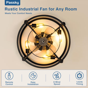 20 Inch Farmhouse Caged Ceiling Fans with Lights and Remote, Black Downrod Mount Bladeless Fandelier, 6 Speeds Bladeless Ceiling Fan Light for Bedroom, Kitchen, Living Room, Indoor - 7