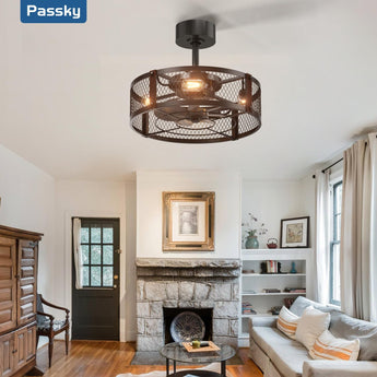 20 Inch Farmhouse Caged Ceiling Fans with Lights and Remote, Black Downrod Mount Bladeless Fandelier, 6 Speeds Bladeless Ceiling Fan Light for Bedroom, Kitchen, Living Room, Indoor - 5