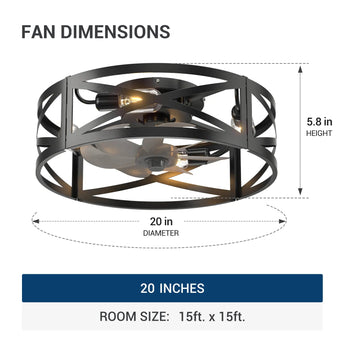 20" Low Profile Fandelier Ceiling Fan with Light & Remote, Industrial Caged Design, 6-Speed, Flush Mount Bladeless Fan-16