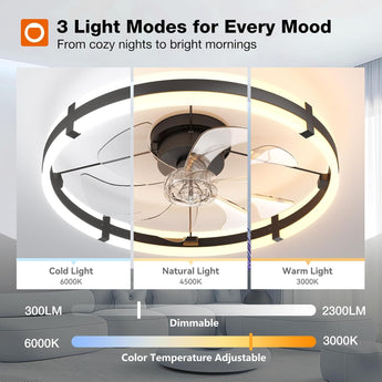 24 Inch Black Low Profile Flush Mount Ceiling Fan with Lights & Remote, 3000 - 6000K Dimmable LED Modern Fandelier for Bedroom Kitchen Living Room - 5