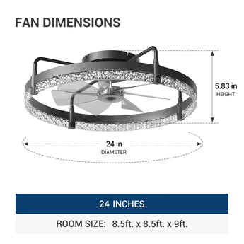 24" Low Profile Fandelier Ceiling Fan with Light & Remote, Flush Mount, Crystal Design, 3-CCT Dimmable, Modern LED Fan-3