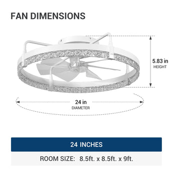 24" Low Profile Fandelier Ceiling Fan with Light & Remote, Flush Mount, Crystal Design, 3-CCT Dimmable, Modern LED Fan-16