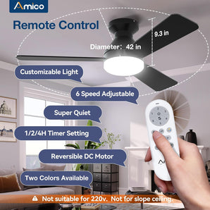 42" Low Profile Ceiling Fan with Light & Remote, Flush Mount, 3-CCT Dimmable, Reversible & Noiseless, 4 Colors Available