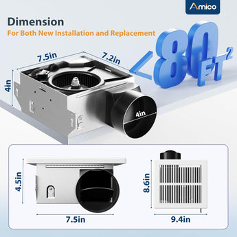 Amico-80 CFM Bathroom Exhaust Fan, 1.0 Sone Low Noise Ventilation Fan, Ceiling Mounted Retrofit-2