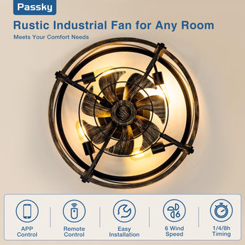 20" Low Profile Fandelier Ceiling Fan with Light & Remote, Industrial Caged Design, 6 - Speed, Flush Mount Bladeless Fan - 3