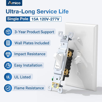 Amico-15A Single Pole Toggle Light Switch with Wall Plate & Screws - White-2