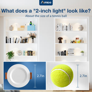 Amico 12 Pack 2 Inch 5CCT Ultra-Thin LED Canless Recessed Ceiling Light with Junction Box, 2700K/3000K/3500K/4000K/5000K Selectable, CRI90+, 6W=40W, 350LM, Dimmable Canless Wafer Downlight-ETL&FCC