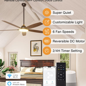 Main parameters of 5 Blade Ceiling Fan With Light And Remote: Super quiet, customizable lights, 6 fan speeds, reversible DC motor, 2/4H Timer Setting.