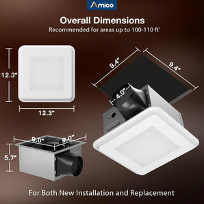 110 CFM Bathroom Exhaust Fan with LED Light, 1.0 Sone Low Noise, 1000LM 5CCT Dimmable, Ceiling Mount