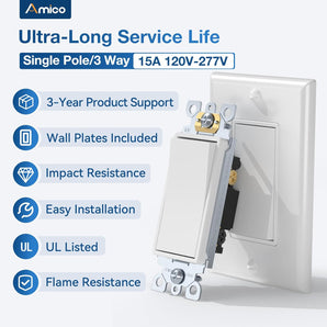 15A Single Pole & 3-Way Rocker Light Switch with Wall Plate & Screws - White
