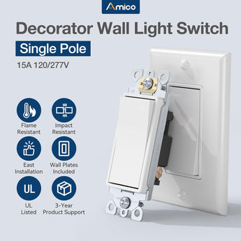 Amico-15A Single Pole Rocker Light Switch with Wall Plate & Screws- White-2