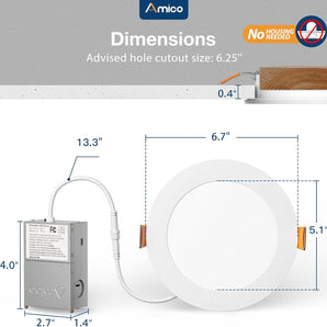 Amico 12 Pack 6 Inch 5CCT Ultra - Thin LED Recessed Ceiling Light with Junction Box, 1050LM Brightness, Dimmable Canless Wafer Downlight, 12W, ETL&FCC - 2