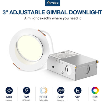 3 Inch Gimbal LED Recessed Lighting, 360° & 90° Adjustable Eyeball, Selectable CCT, 600 Lumens-1