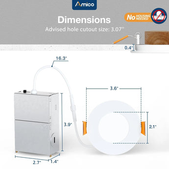 3 Inch Recessed LED Lighting, Slim Design, Selectable CCT, 500 Lumens - 4