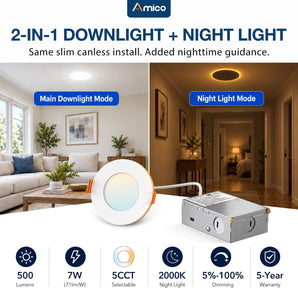 3 Inch Recessed LED Lighting With Night Light, Slim Design, Selectable CCT, 500 Lumens-16