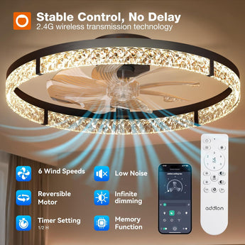 24" Low Profile Fandelier Ceiling Fan with Light & Remote, Crystal Design, 3 - CCT Dimmable, Flush Mount Bladeless Fan - 5