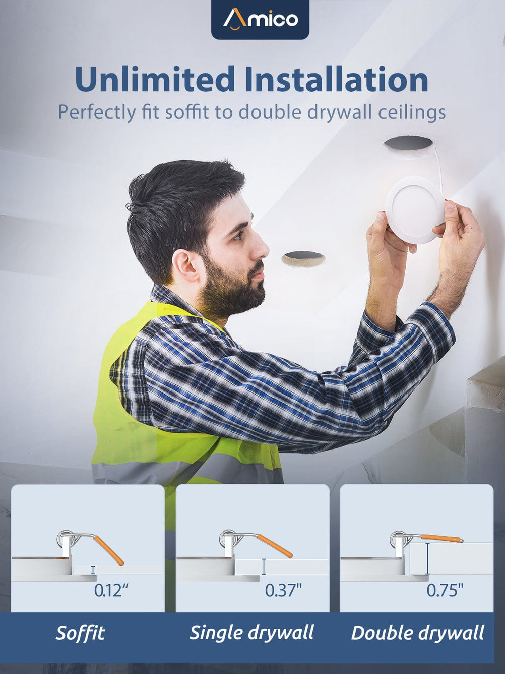 Unlimited Installation of Ultra-Thin Led Recessed Ceiling Light: Soffit, single drywall, and double drywall