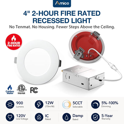 4 Inch Fire Rated LED Recessed Light, 2 Hour Rating, No Tenmat Needed, Canless Wafer, Selectable CCT, 900 Lumens-1