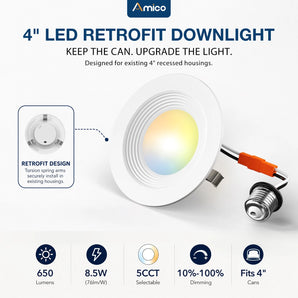 4 Inch LED Recessed Lighting, Dimmable, Retrofit Can Light with Baffle Trim, Selectable CCT, 650 Lumens-1