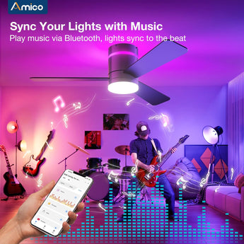 42" Black RGB Low Profile Ceiling Fan with Light, 3CCT Reversible Fan Remote APP Control for Home Indoor Use - 5