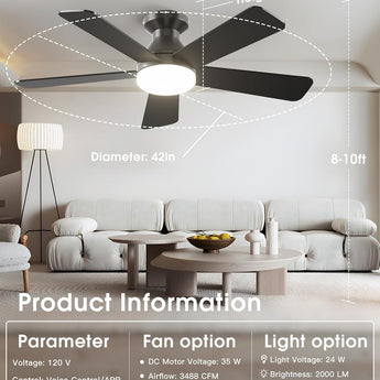 42" Black Smart Ceiling Fan with Light, Flush Mount Reversible Quiet Fan, Voice APP Remote Control Home Indoor Fan - 3