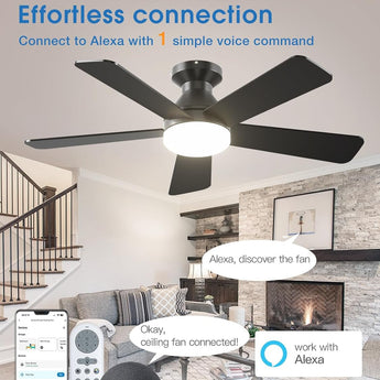 42" Black Smart Ceiling Fan with Light, Flush Mount Reversible Quiet Fan, Voice APP Remote Control Home Indoor Fan - 4