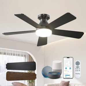 42" Black Smart Ceiling Fan with Light, Flush Mount Reversible Quiet Fan, Voice APP Remote Control Home Indoor Fan - 1