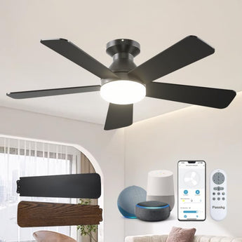 42" Black Smart Ceiling Fan with Light, Flush Mount Reversible Quiet Fan, Voice APP Remote Control Home Indoor Fan - 1