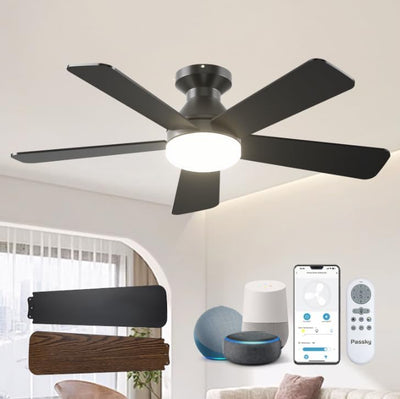 42" Black Smart Ceiling Fan with Light, Flush Mount Reversible Quiet Fan, Voice APP Remote Control Home Indoor Fan - 1