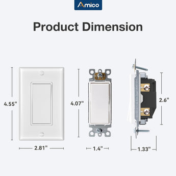 Amico-15A Single Pole Rocker Light Switch with Wall Plate & Screws- White-4