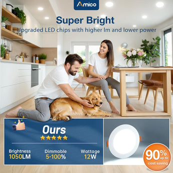 Amico 12 Pack 6 Inch 5CCT Ultra - Thin LED Recessed Ceiling Light with Junction Box, 1050LM Brightness, Dimmable Canless Wafer Downlight, 12W, ETL&FCC - 4