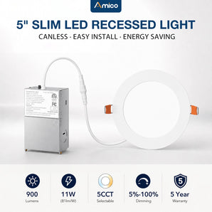 5 Inch Recessed LED Lighting, Slim Design, Selectable CCT, 900 Lumens-1