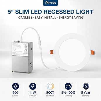 5 Inch Recessed LED Lighting, Slim Design, Selectable CCT, 900 Lumens-1