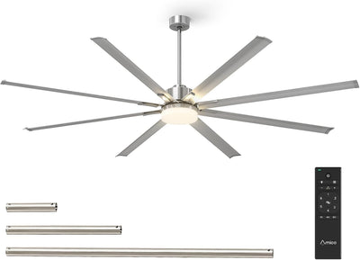 100" Ceiling Fan with Light – Industrial 8-Blade Reversible Fan, Quiet DC Motor, 6-Speed Remote, Indoor/Outdoor for Porch, Garage, Shop – Nickel Finish