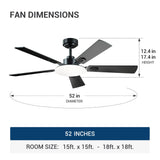 52" Black Ceiling Fan with Light & Remote, 3CCT Dimmable, Reversible, Quiet – Indoor/Outdoor - 3