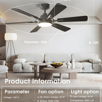 52" Ceiling Fan with Light & Remote, Quiet Reversible Black Modern Ceiling Fan with Dimmable 3CCT for Bedroom & Living Room - 4