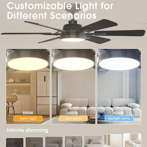 52" Ceiling Fan with Light & Remote, Quiet Reversible Black Modern Ceiling Fan with Dimmable 3CCT for Bedroom & Living Room - 2