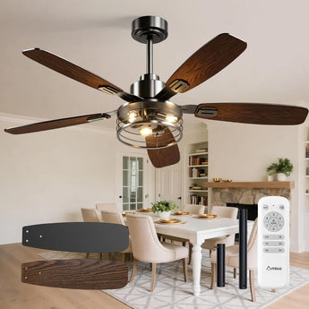 52-Inch Black Farmhouse Caged Ceiling Fan with Light, Remote Control, 3CCT Dimmable Quiet-1