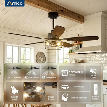 52-Inch Black Farmhouse Caged Ceiling Fan with Light, Remote Control, 3CCT Dimmable Quiet-8