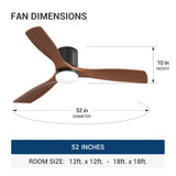 52" Low Profile Ceiling Fan with Light & Remote, Flush Mount, 3 Wood Blades, 3CCT Dimmable, Reversible – Black Walnut, Indoor/Outdoor - 3
