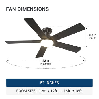 52" Low Profile Ceiling Fan with Light & Remote, Flush Mount, 3CCT Dimmable, Reversible, Quiet, Indoor/Outdoor - 3